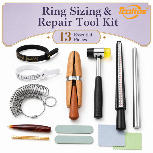TOOLTOS 13PCS Ring Sizing Tool Kit with Mandrel Sizer Gauge Ring Enlarger Hammer Measuring Belt Jewelry Repair Making Tools