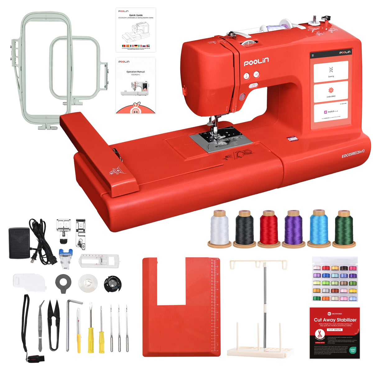 POOLIN EOC05RE 2in1 Embroidery Sewing Machine, Computerized Home Machine for Beginners with Starter Kit
