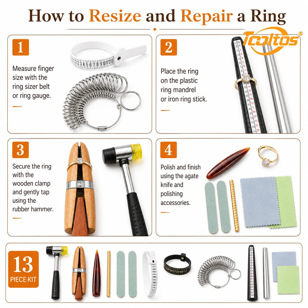 TOOLTOS 13PCS Ring Sizing Tool Kit with Mandrel Sizer Gauge Ring Enlarger Hammer Measuring Belt Jewelry Repair Making Tools