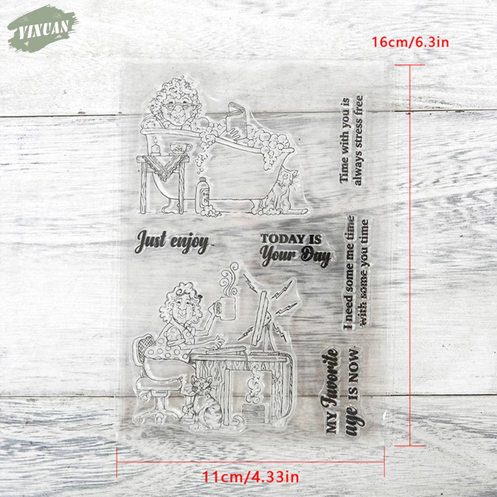 Relaxing Old Lady Life Cutting Dies Clear Stamp Set DIY Scrapbooking Metal Dies Silicone Stamp For Card Making Albums Decor