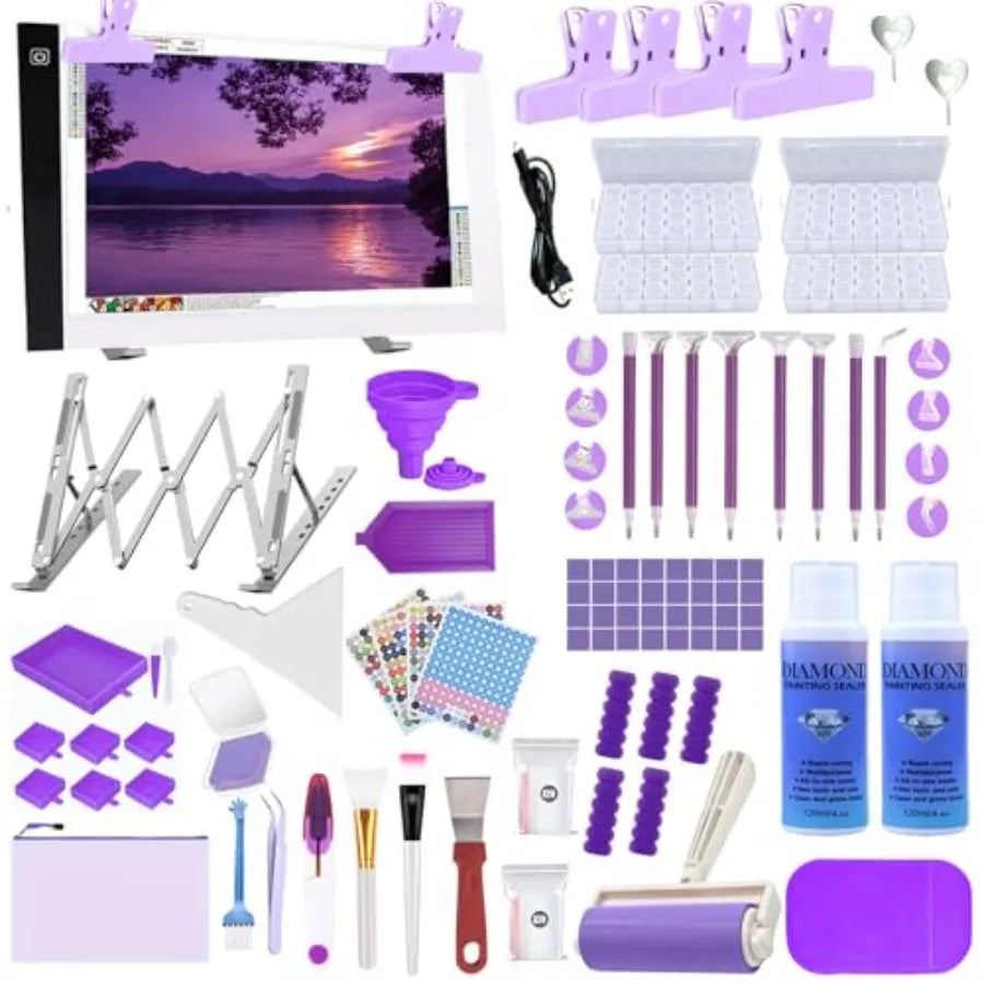 244Pcs All Inclusive Diamond Art Accessories Kit Diamond Painting LED Light Pad Set with Diamond Art Sealer Glue Stand Storage