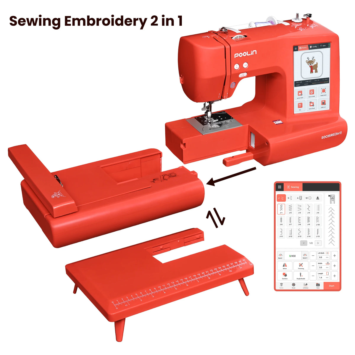 POOLIN EOC05RE 2in1 Embroidery Sewing Machine, Computerized Home Machine for Beginners with Starter Kit