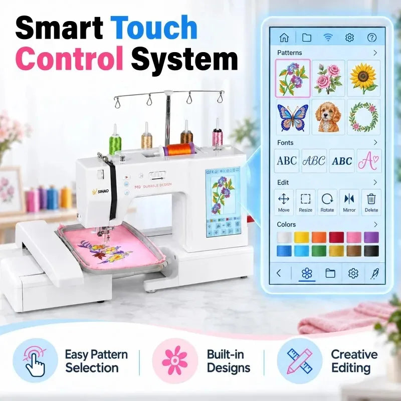 7 Inch LCD Screen Automatic Embroidery Machine Computerized Embroidery & Sewing Machine 500 Built-in Patterns USB DST Thread Break Detection Foot Pedal for Home DIY Clothing Logo Beginners