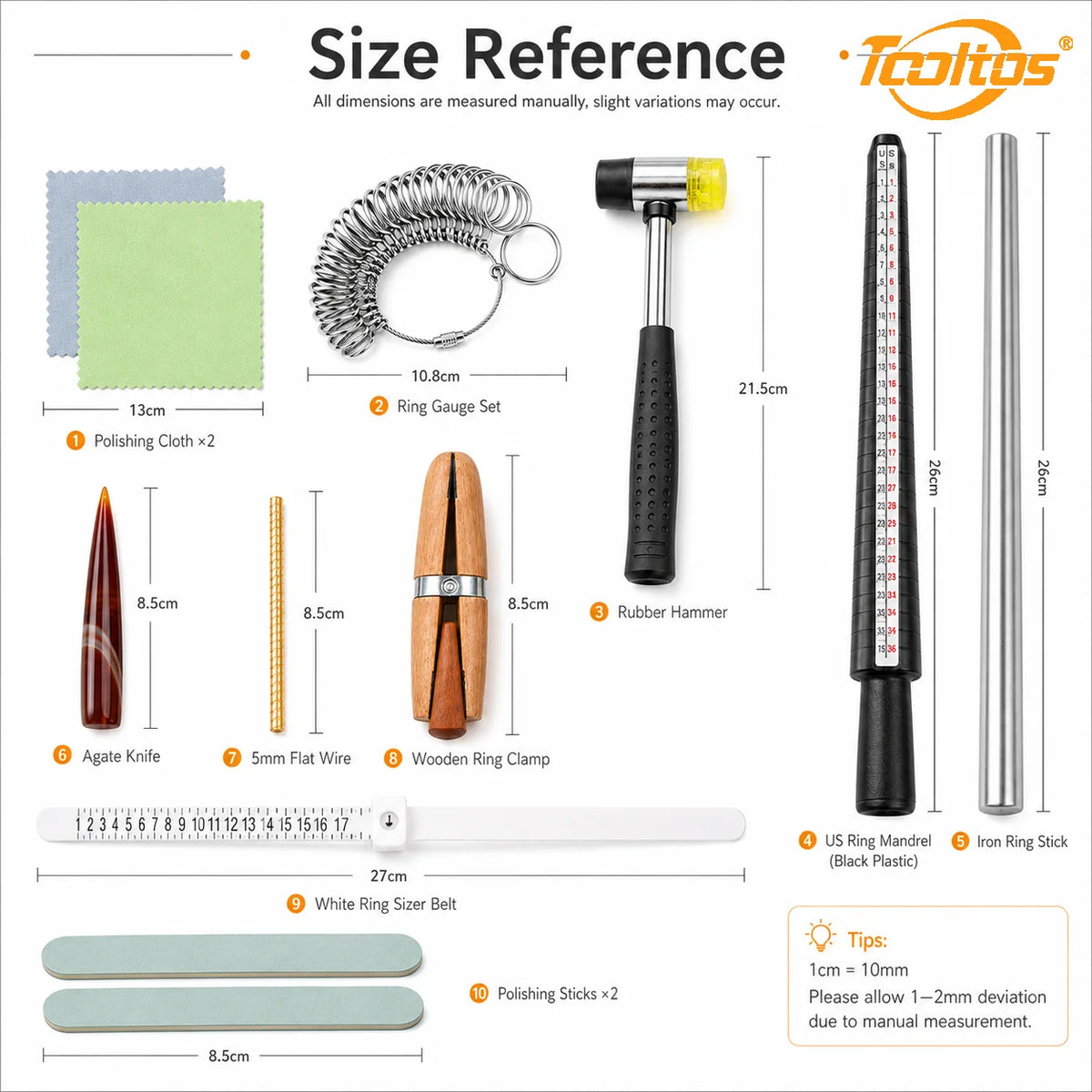 TOOLTOS 13PCS Ring Sizing Tool Kit with Mandrel Sizer Gauge Ring Enlarger Hammer Measuring Belt Jewelry Repair Making Tools
