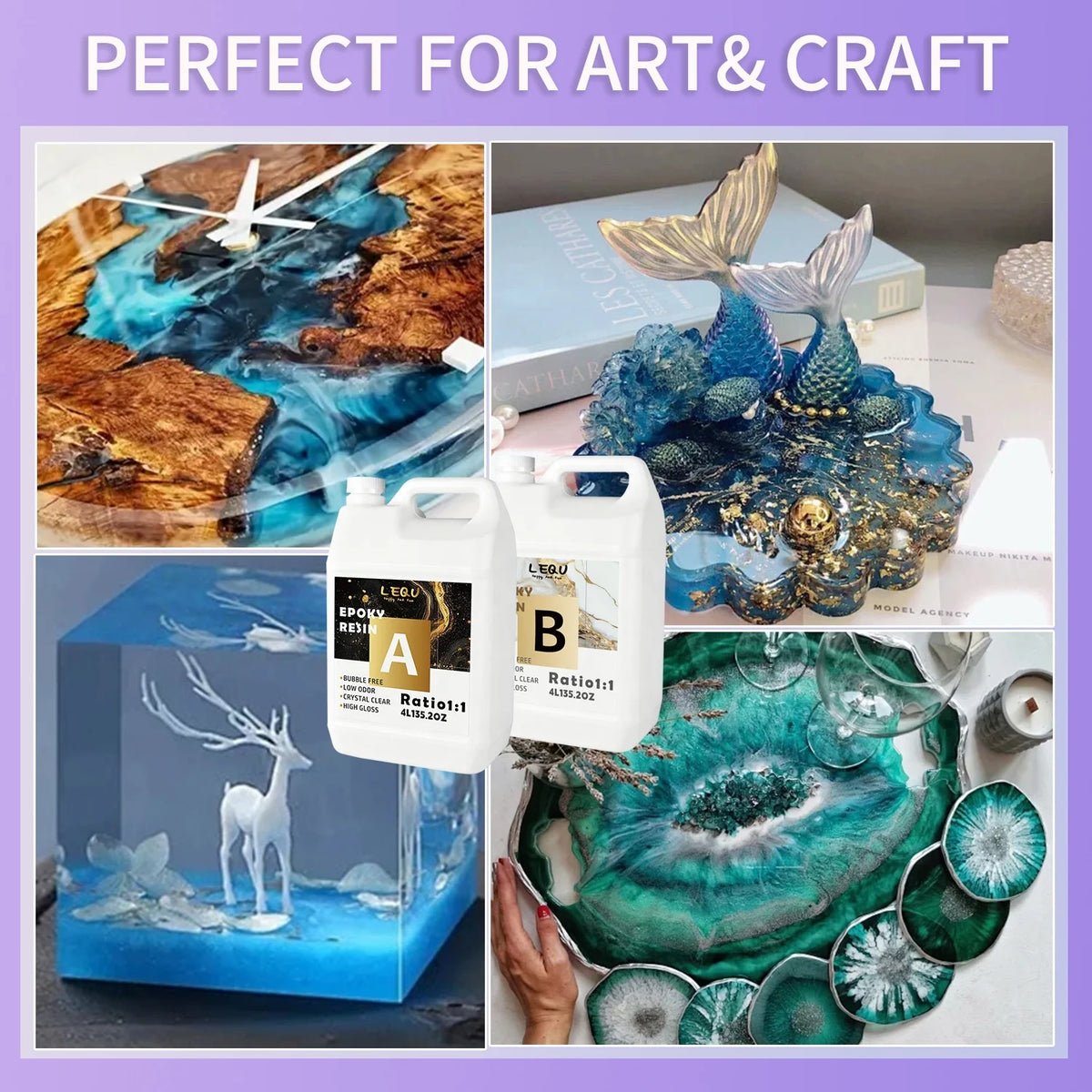 LEQU 8000MLCrystal Clear 1:1Epoxy Resin Kit-No Yellowing, Bubble-free, High Gloss, Fast-curing, Highly Durable, Art Resin, Suitable For River-table Projects, Art Casting, Jewelry Making, Handmade Gifts And Projects, Molds