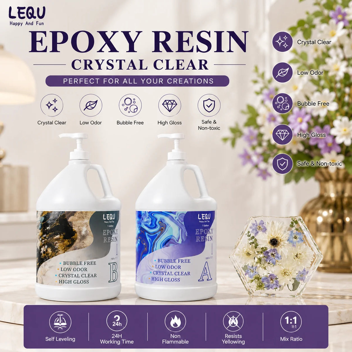 LEQU 2Gallon Crystal Epoxy Resin Bubble-free and Transparent, Ideal for Tabletop Casting, Jewelry Making, and DIY Resin Projects