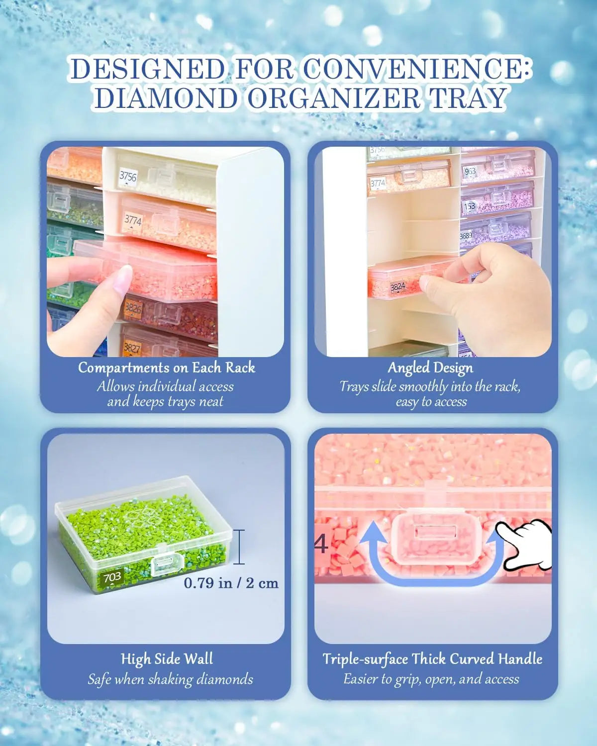 3-in-1 Diamond Art Tray Set, Diamond Art Storage Containers, Tray & Rack All-in-One with Top Tool Storage & Anti-Tip Stability, Diamond Painting Accessories and Tools (3 Packs, 60 PCS)